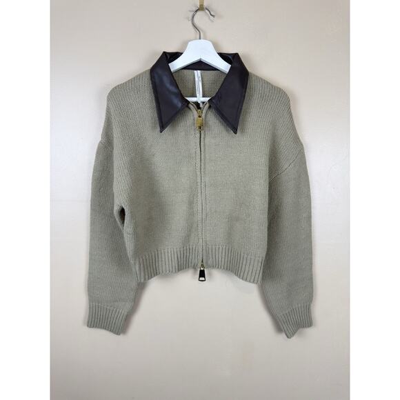 Anthropologie Vegan Leather Mixed Cardigan Sweater Women’s XS Collared Croped - Picture 2 of 13